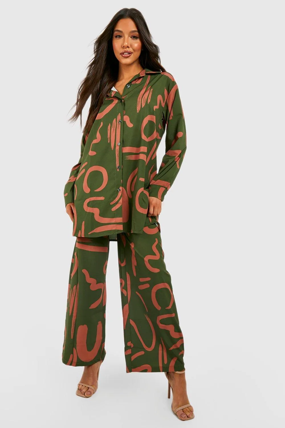 Abstract Print Shirt & Wide Leg Pants Set