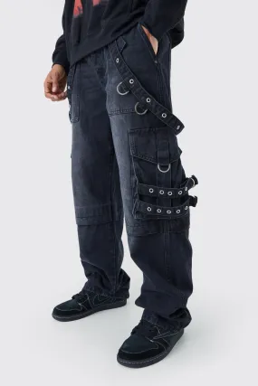 Baggy Rigid Cargo Strap Jeans In Washed Black