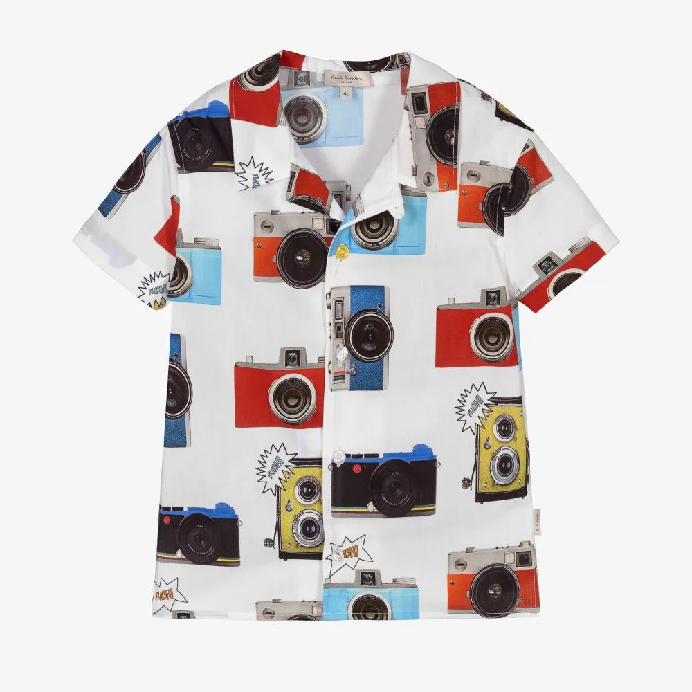 Boys White Cotton Camera Shirt