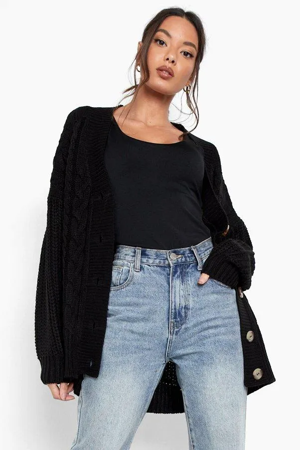 Cable Knit Contrast Sleeve Cardigan