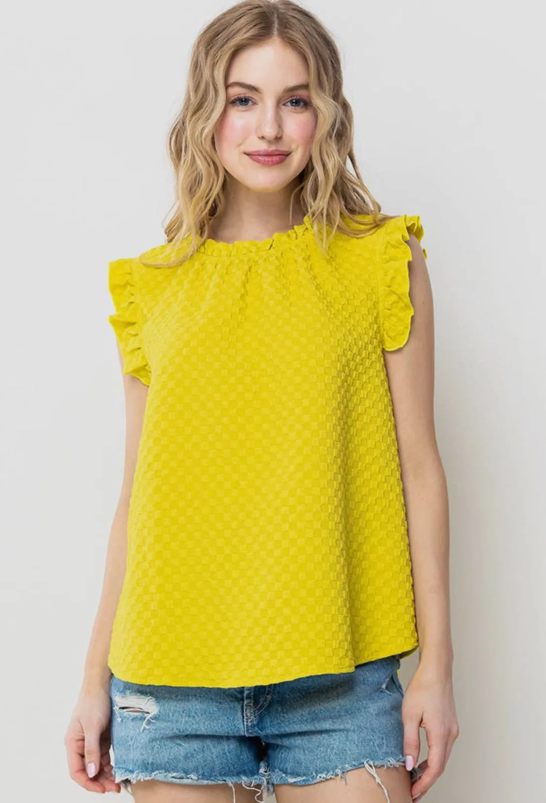 C’est Femme Textured Ruffle Kiwi Sleeveless Top