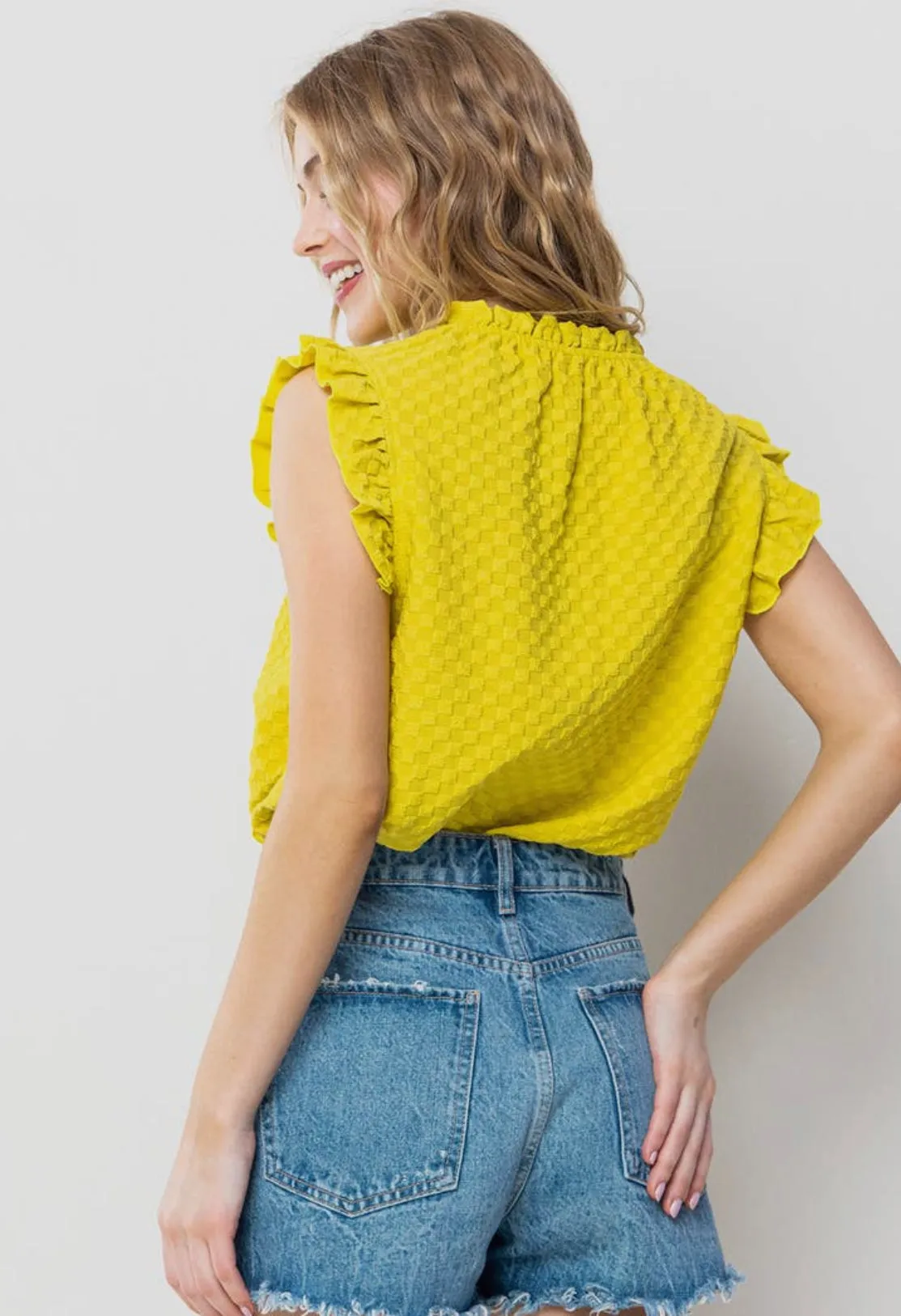 C’est Femme Textured Ruffle Kiwi Sleeveless Top