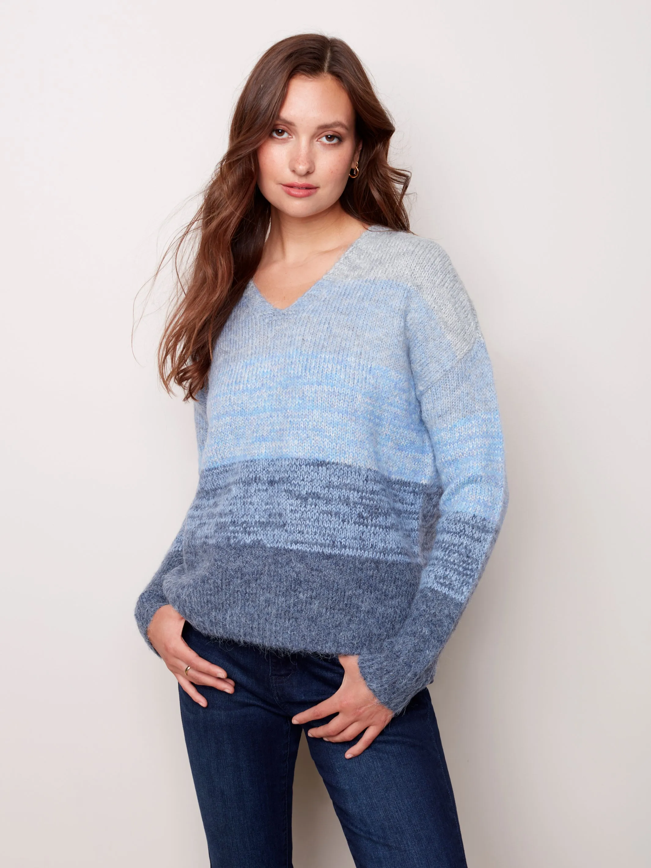 Charlie B Fuzzy Stripes V Neck Sweater