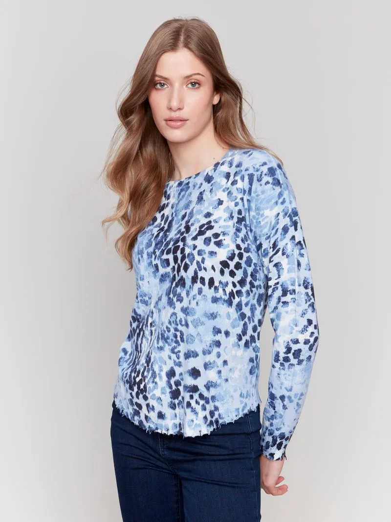 Charlie B Printed Frayed Edge Round Hem Sweater