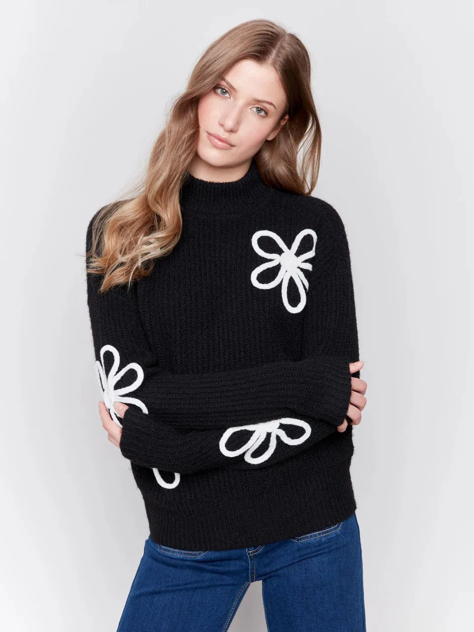 Charlie B Soutache Mock Neck Floral Sweater