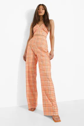 Checked Collared Crop And Wide Leg Pants