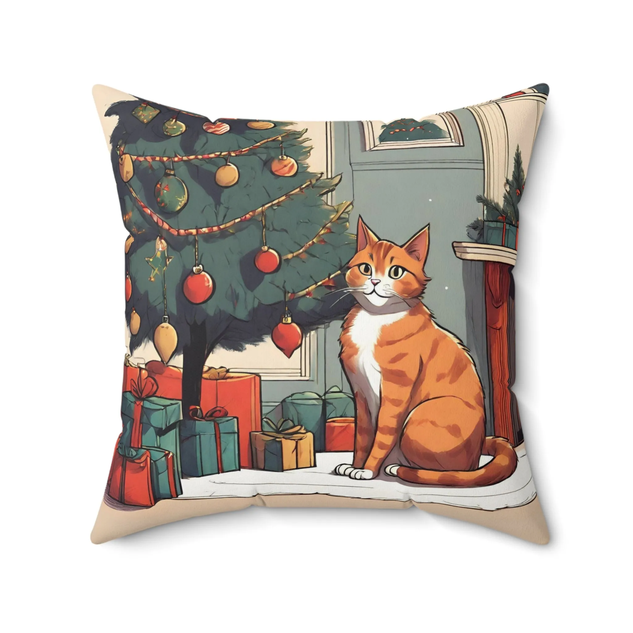 Cozy Ginger Cat Christmas Pillow