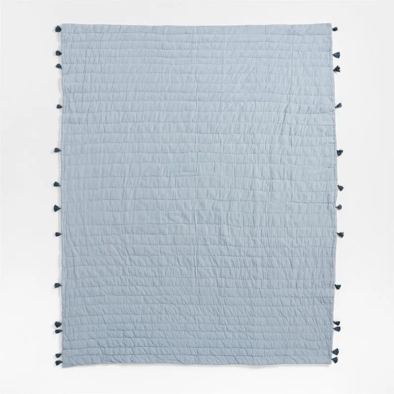 Crate&Barrel Mist Blue Embroidered Texture Stripe Voile Kids Twin Quilt