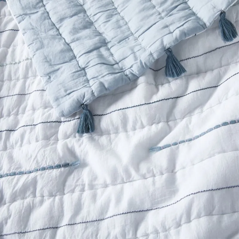 Crate&Barrel Mist Blue Embroidered Texture Stripe Voile Kids Twin Quilt