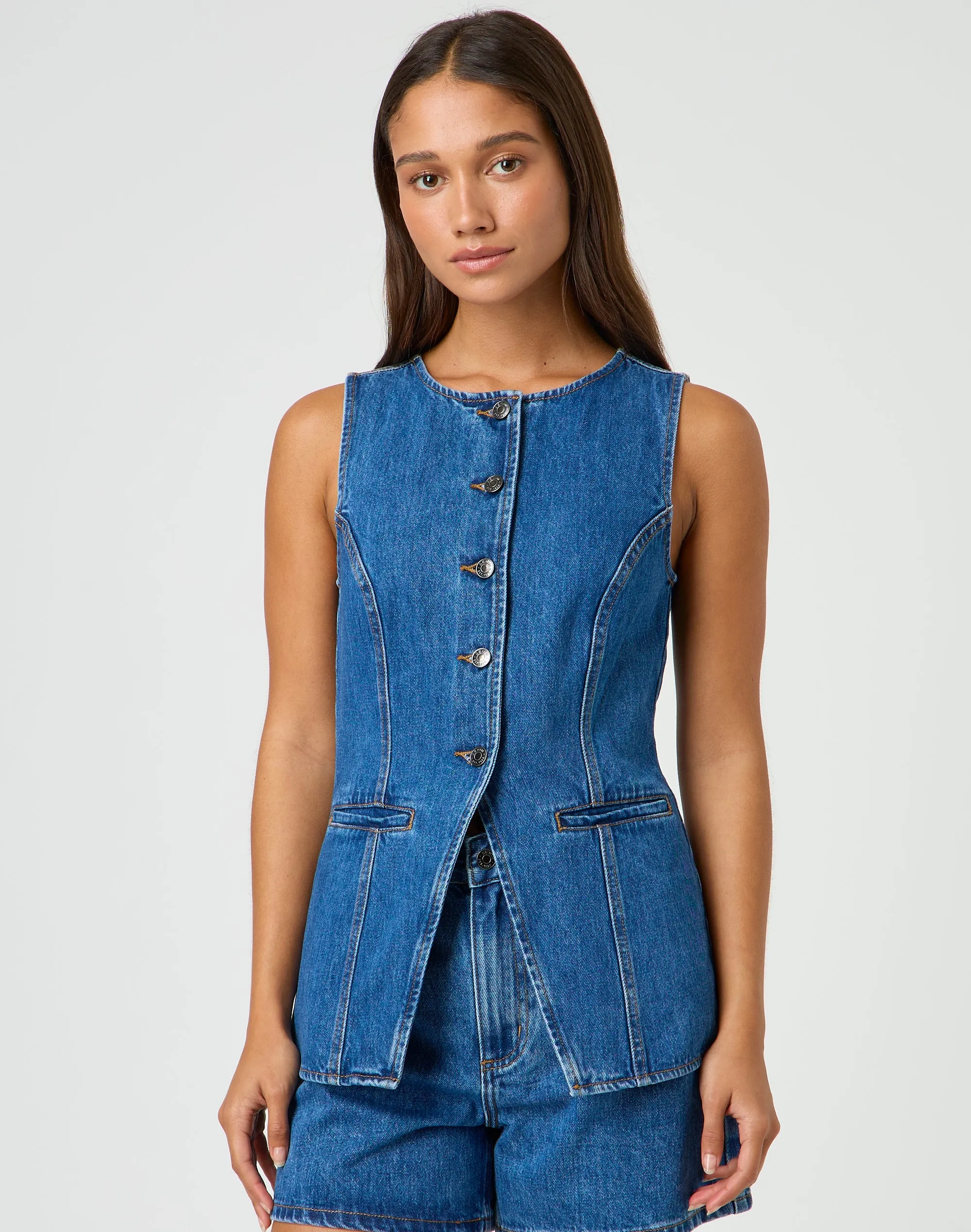 Denim High Neck Longline Vest in Suzy Mid Wash | Glassons