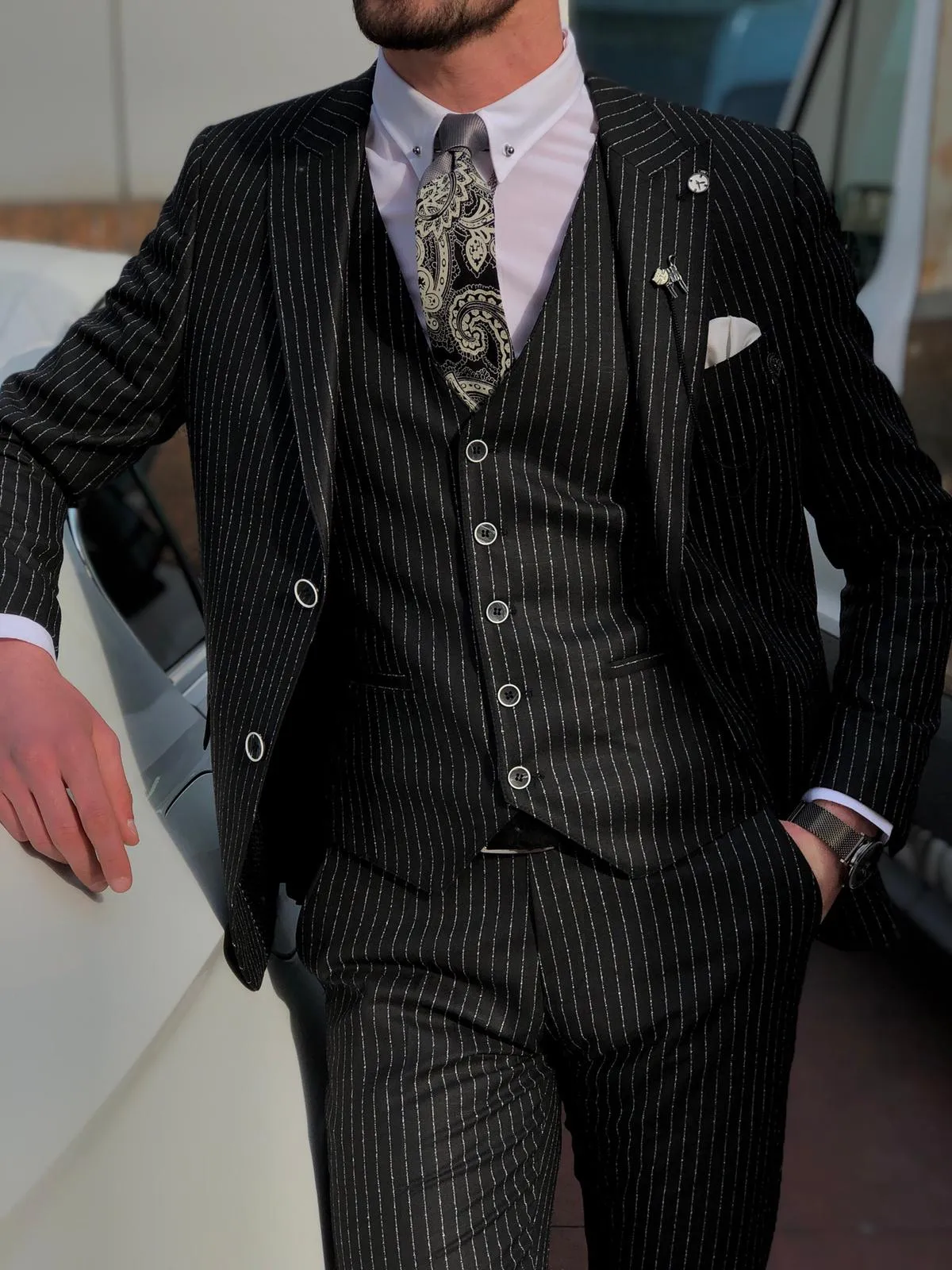 Deswesh Slim-Fit Striped Suit Vest Black