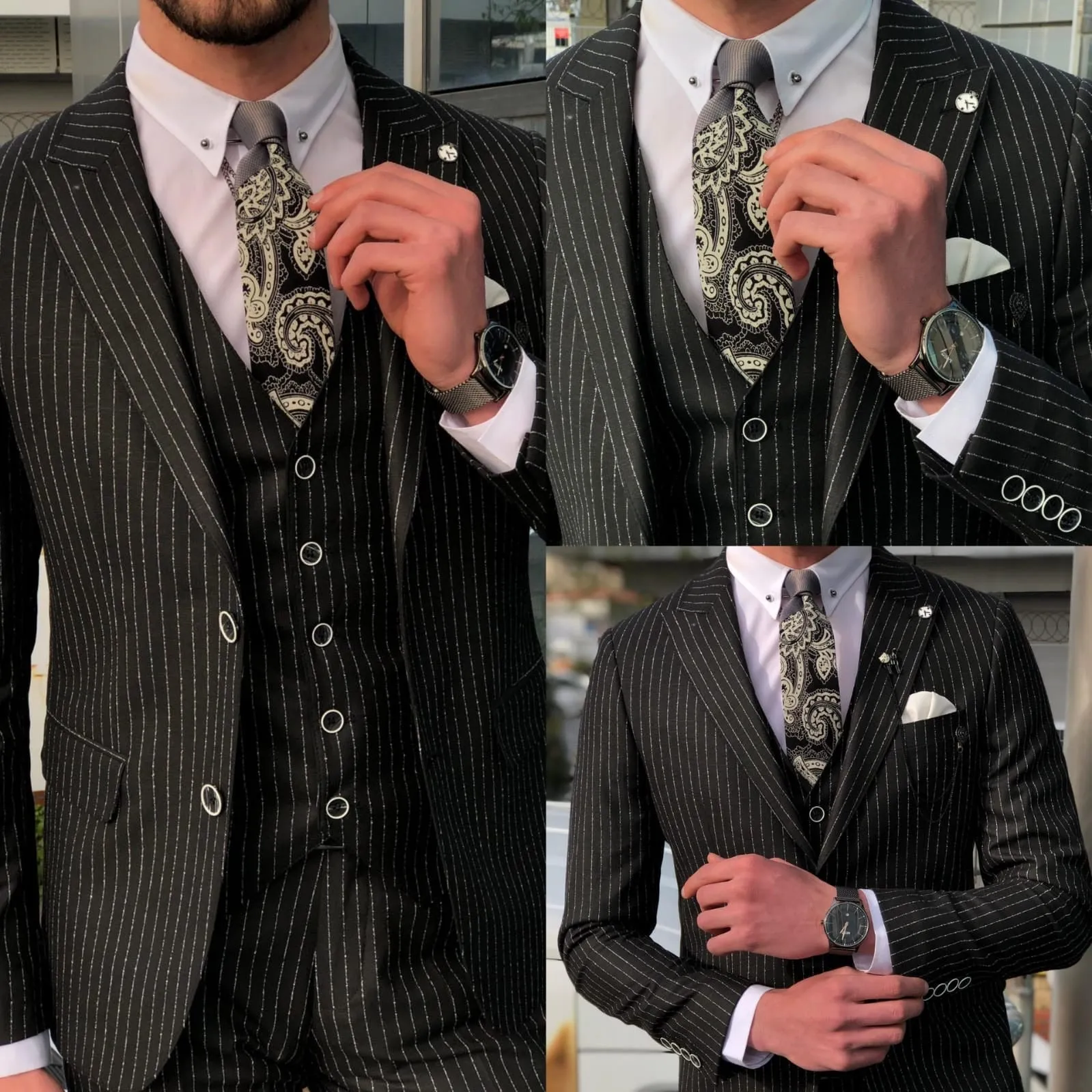 Deswesh Slim-Fit Striped Suit Vest Black