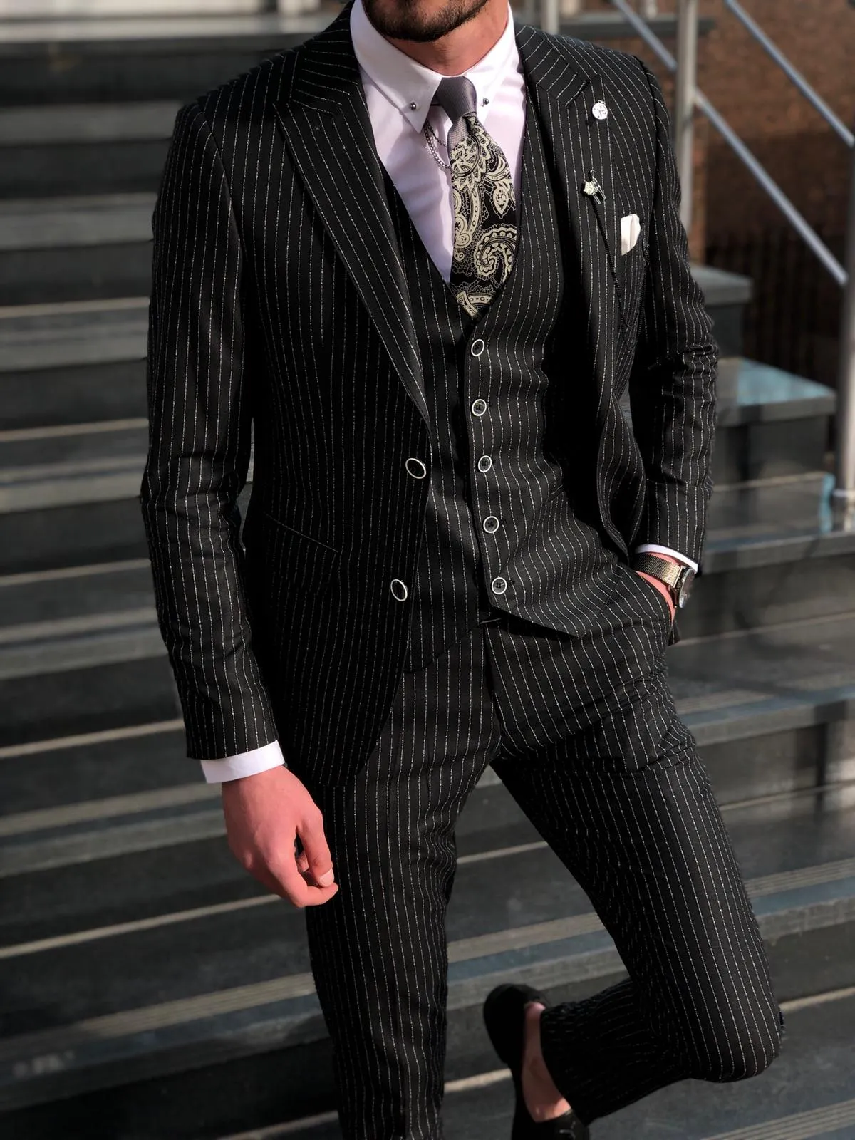 Deswesh Slim-Fit Striped Suit Vest Black