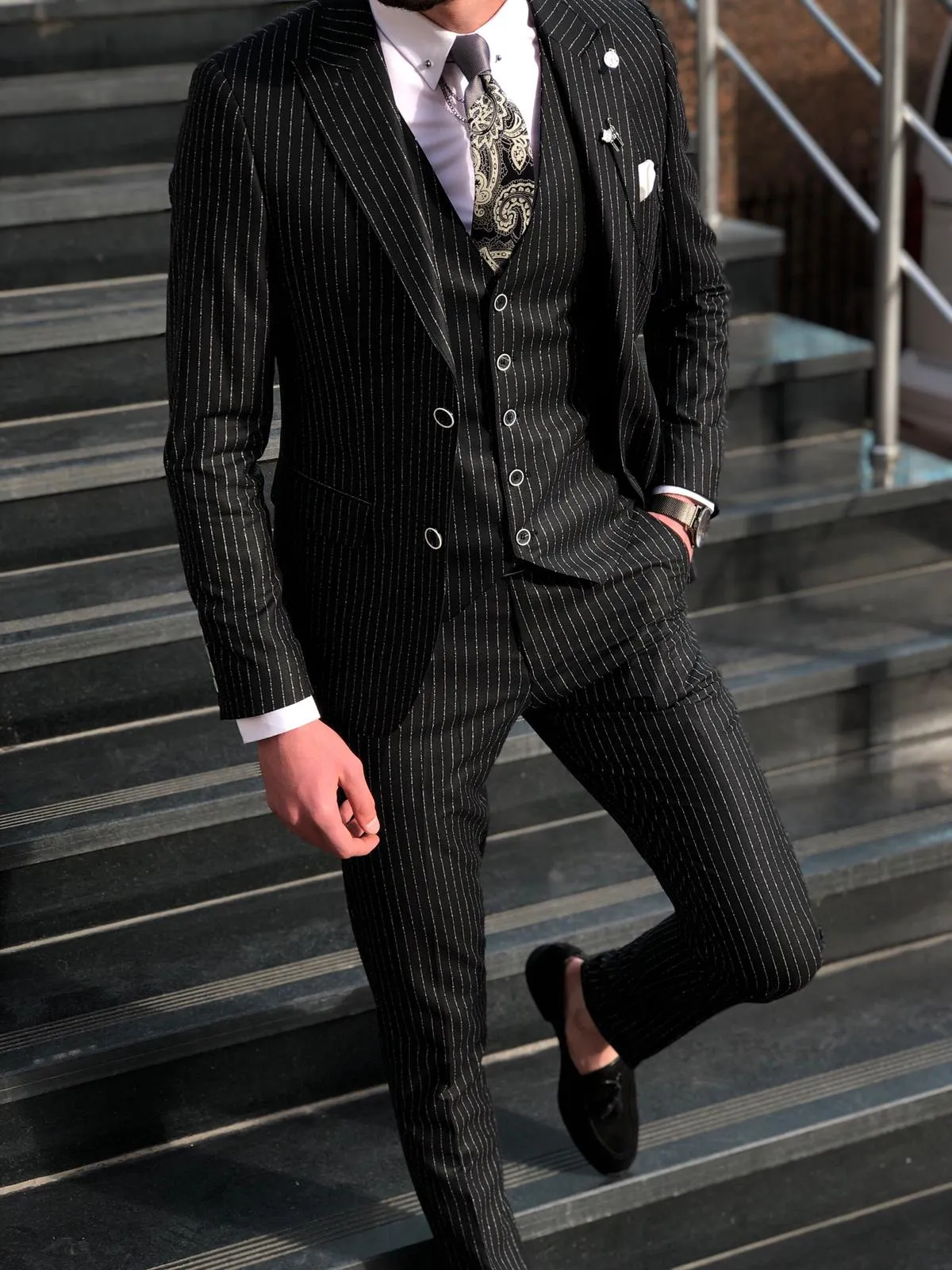 Deswesh Slim-Fit Striped Suit Vest Black