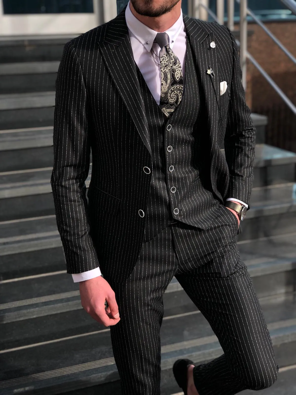 Deswesh Slim-Fit Striped Suit Vest Black