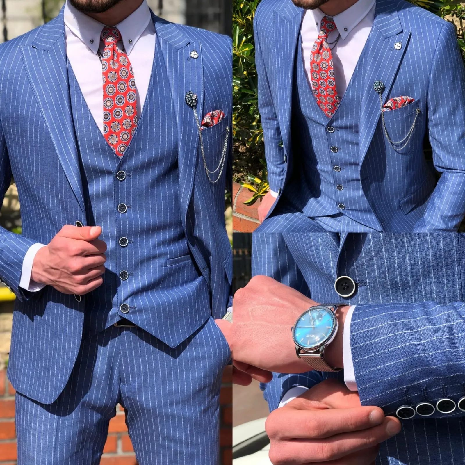 Dilness Slim-Fit Striped Suit Vest Blue