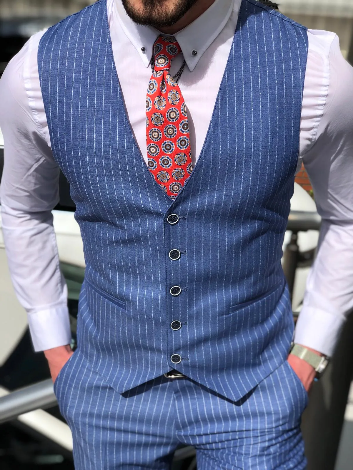 Dilness Slim-Fit Striped Suit Vest Blue