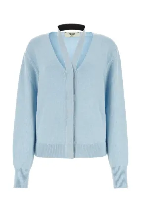 Fendi Melange Pastel Light Blue Stretch Wool Blend Cardigan