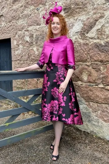 Floral Print A Line Reverse Jacket & Dress - Fuchsia/Black - 7466