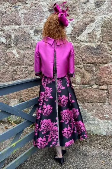 Floral Print A Line Reverse Jacket & Dress - Fuchsia/Black - 7466