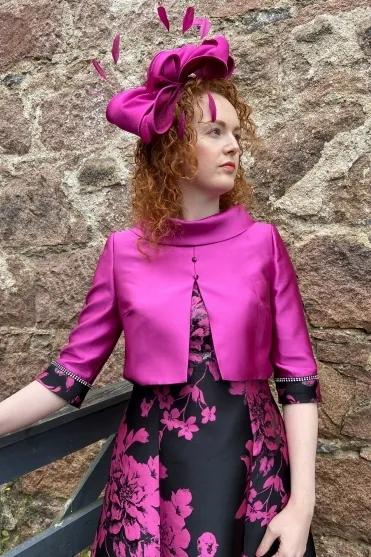 Floral Print A Line Reverse Jacket & Dress - Fuchsia/Black - 7466