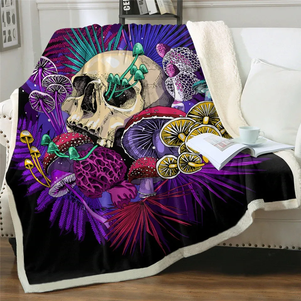 Gothic Plush Blanket of Sherpa with a Skull in Mushroom / Unisex Mystic Blanket For Sofa