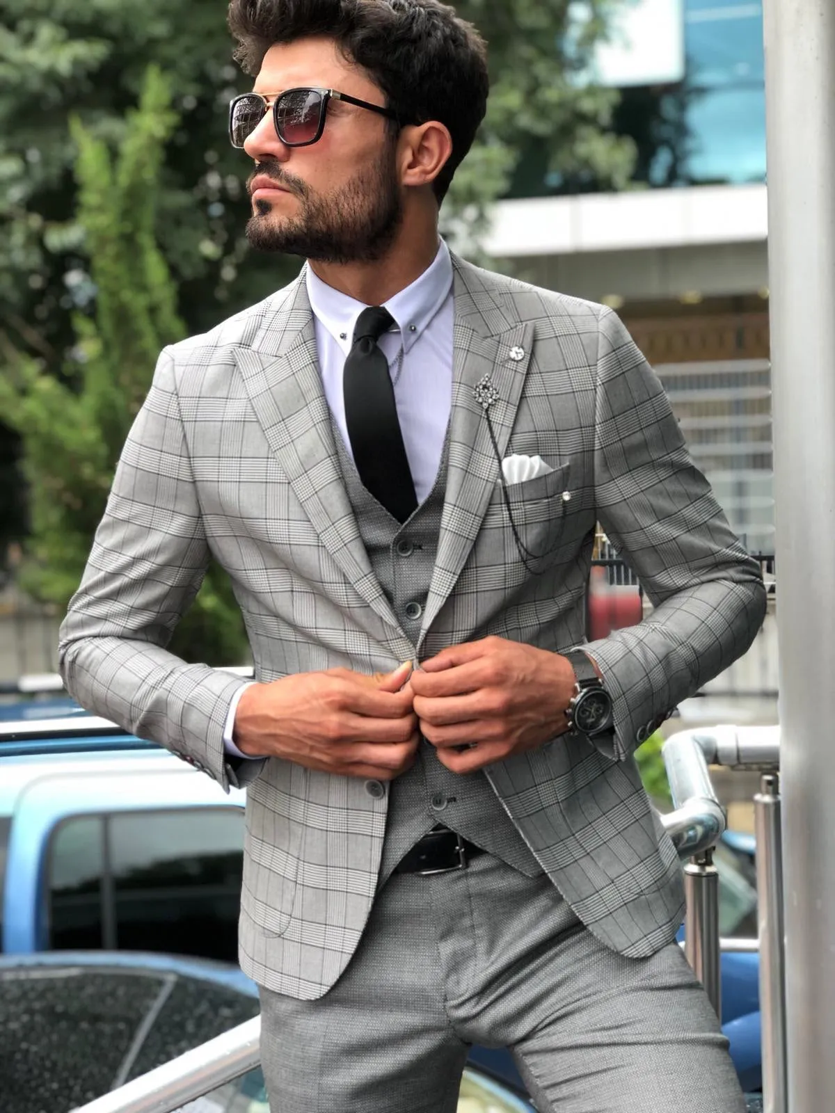 Greh Slim-Fit Plaid Suit Vest Gray