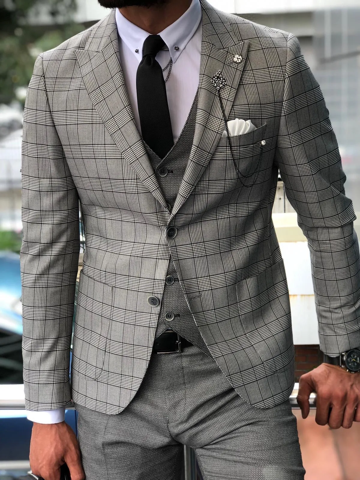 Greh Slim-Fit Plaid Suit Vest Gray