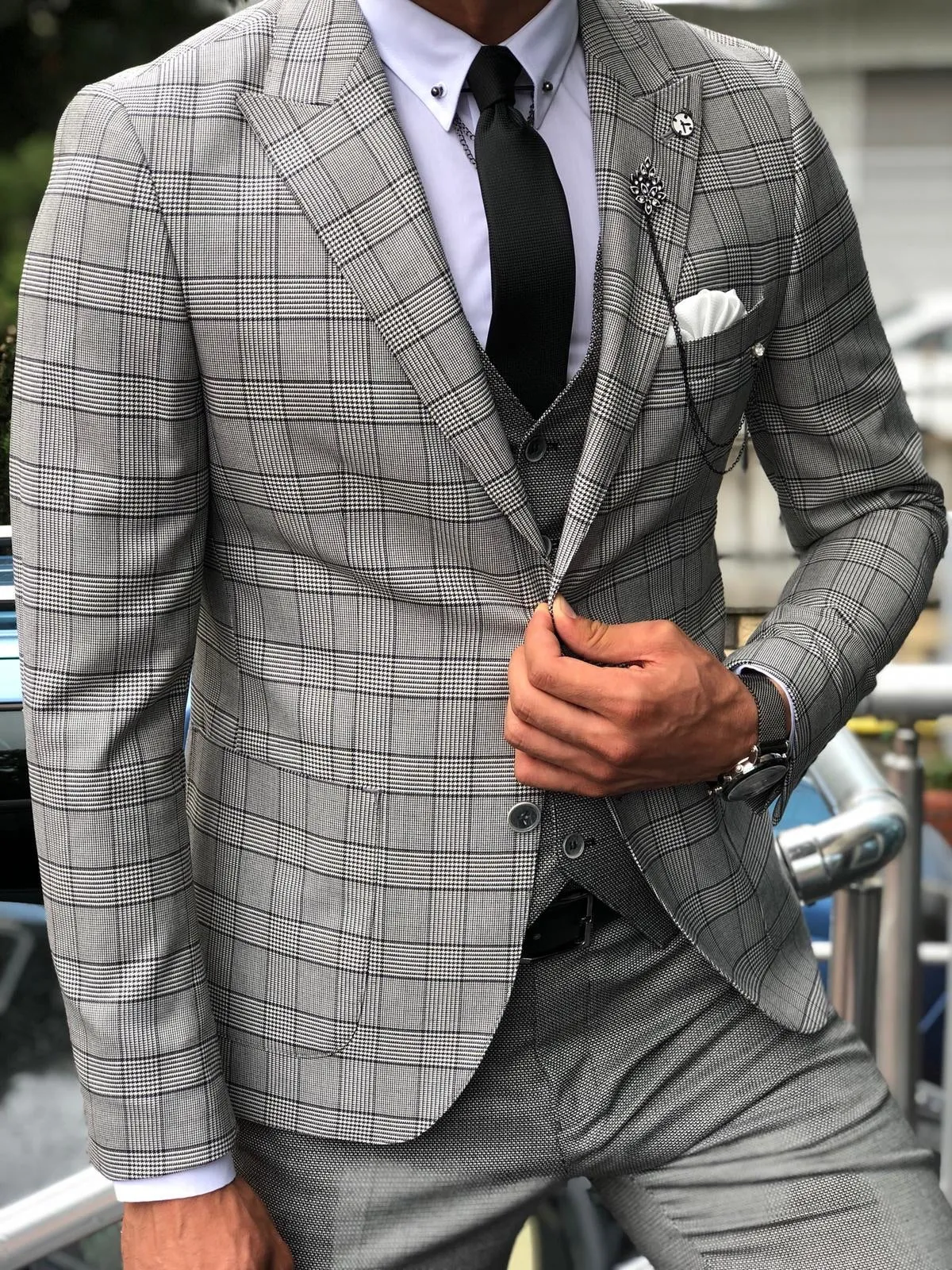 Greh Slim-Fit Plaid Suit Vest Gray