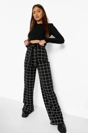 Grid Flannel Paperbag Belted Wide Leg Pants