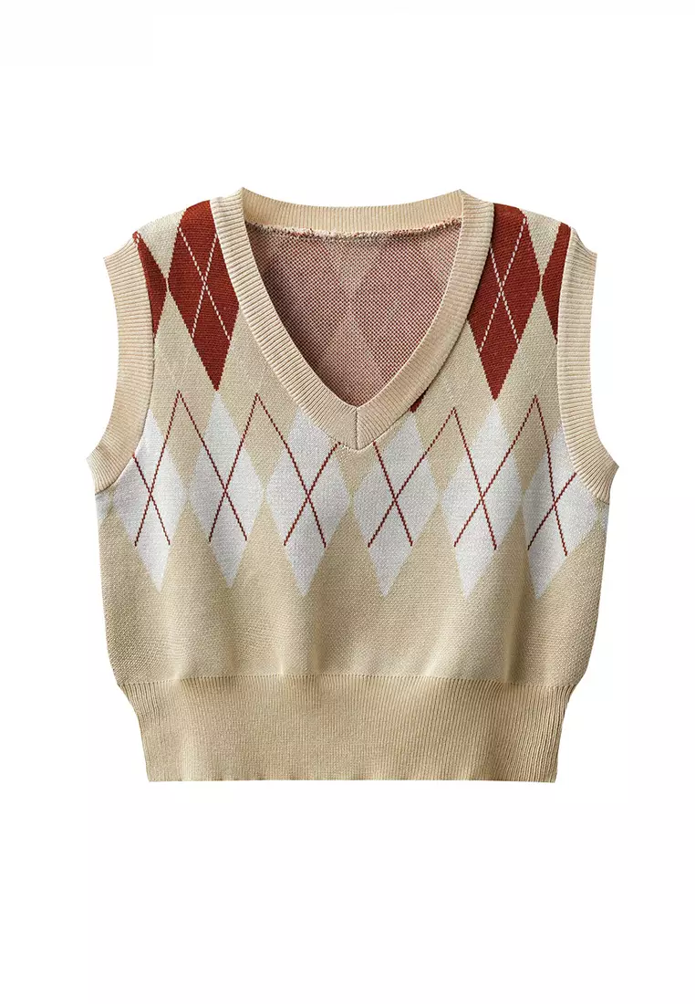 HAPPY FRIDAYS High Waisted V Neck Argyle Knit Vest JW MD-563586