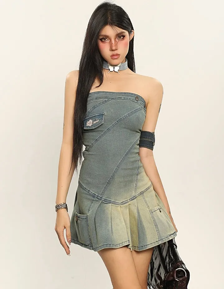 Jaden Washed Denim Blue Sleeveless Patchwork Design Pleated Slim Short Mini Jeans Dress