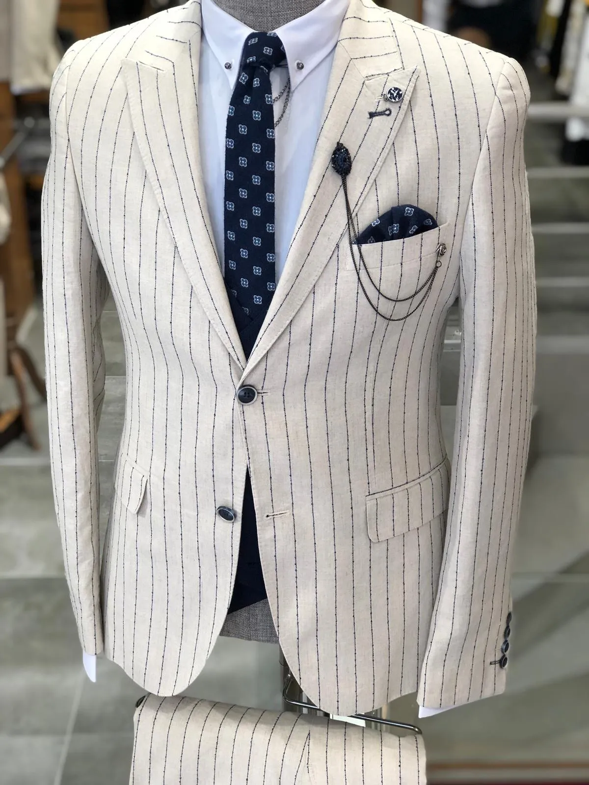 Kukoss  Slim-Fit Striped Suit Vest Ecru