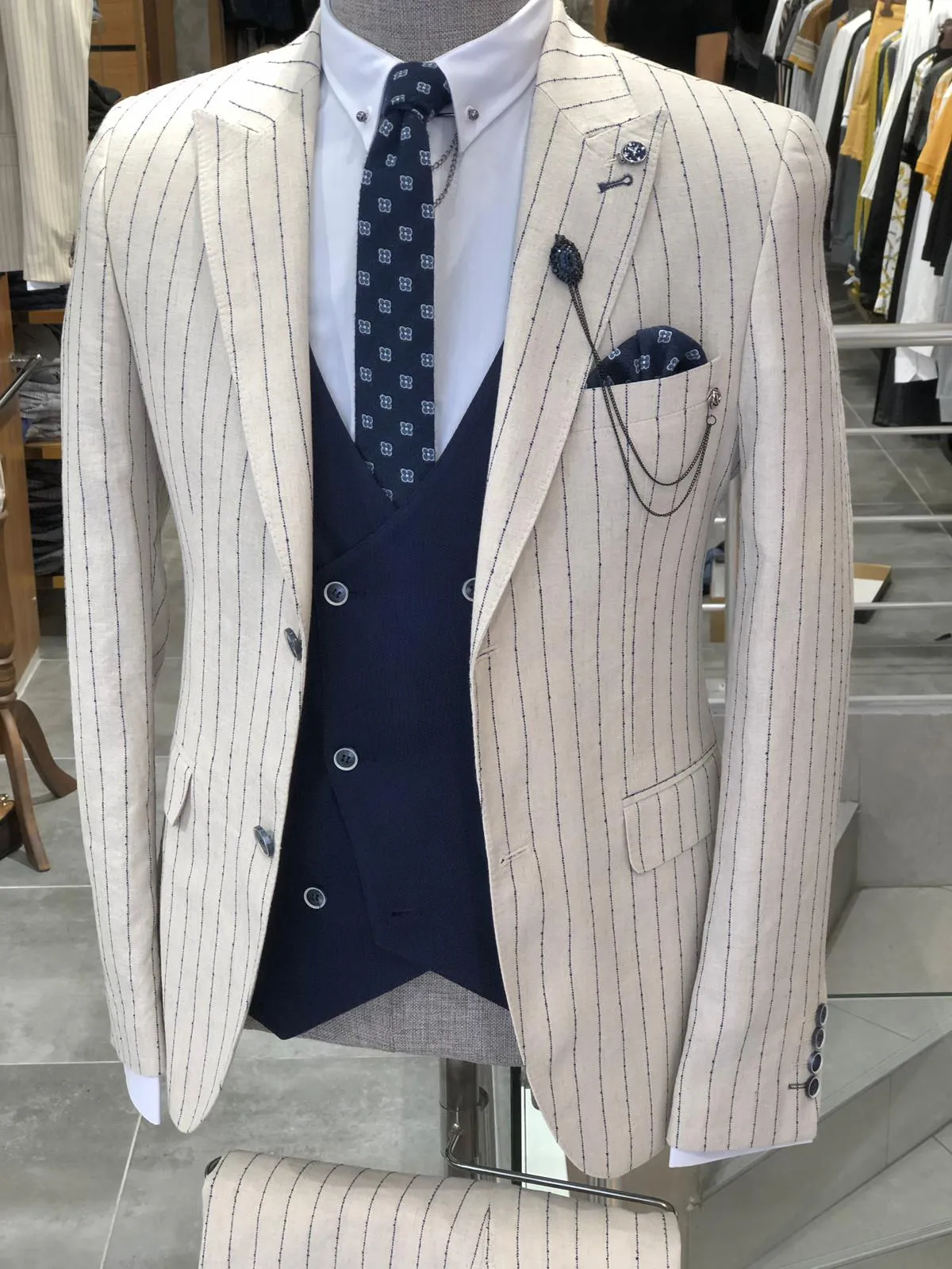 Kukoss  Slim-Fit Striped Suit Vest Ecru