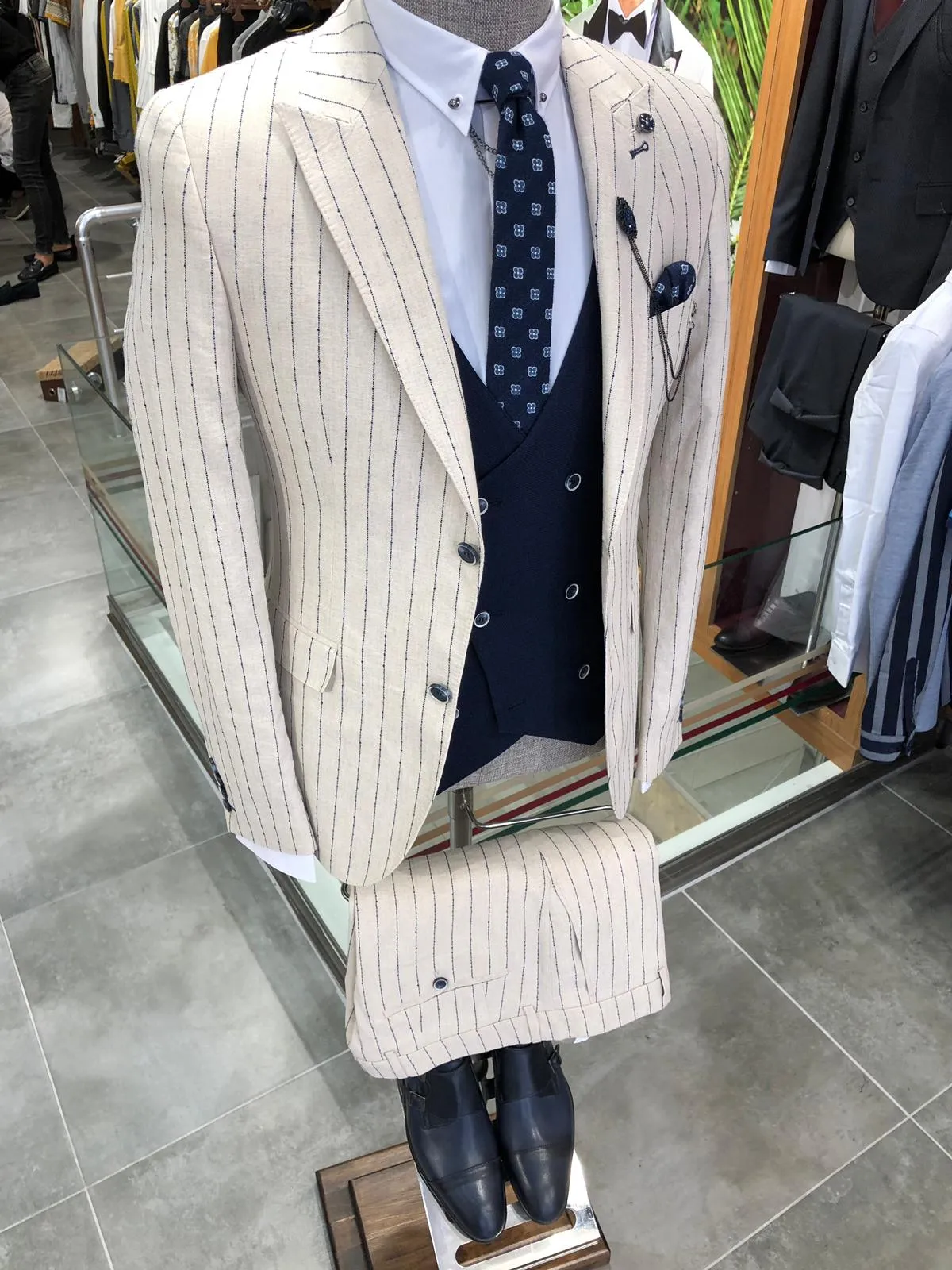 Kukoss  Slim-Fit Striped Suit Vest Ecru