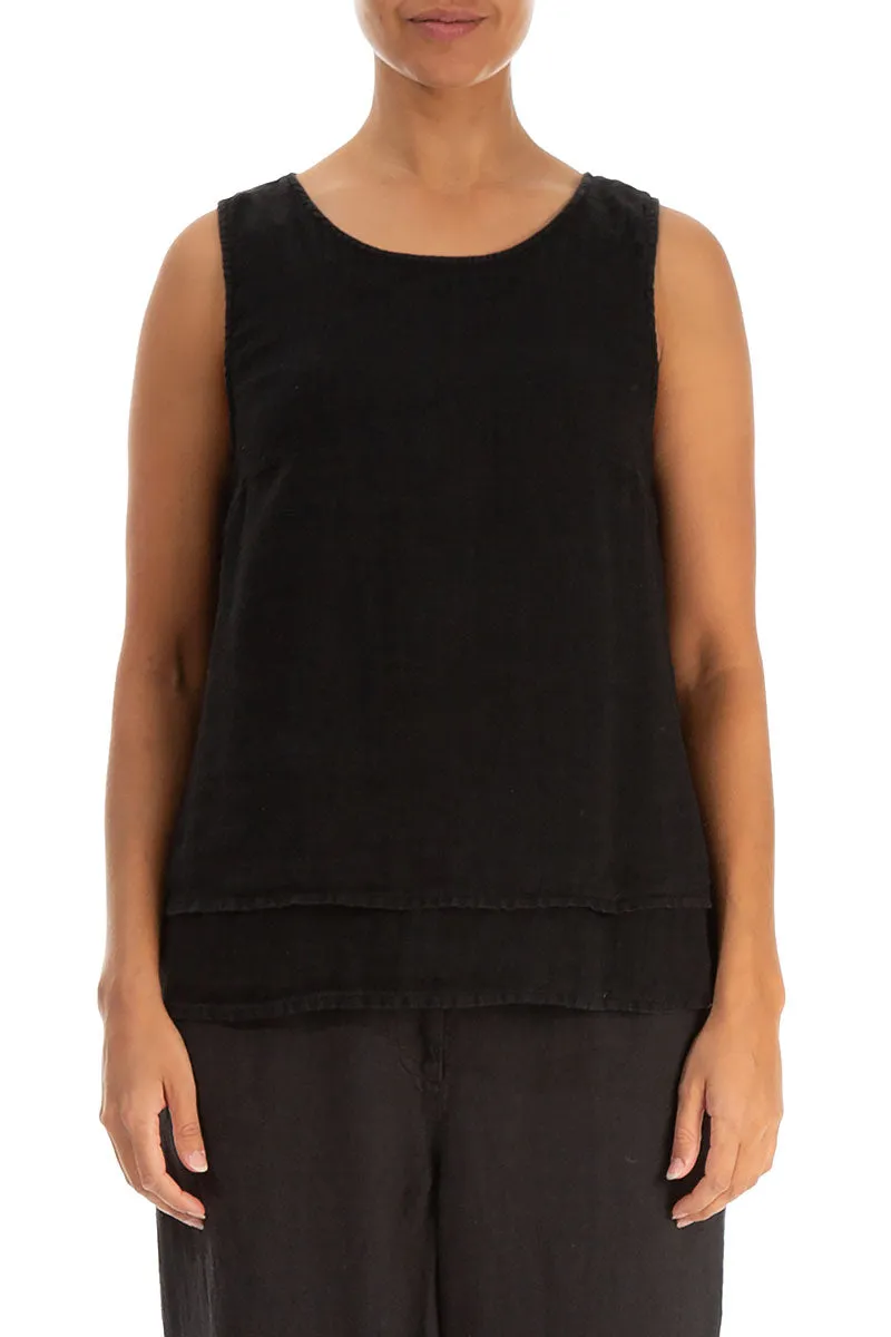 Layered Sleeveless Black Gauze Linen Top