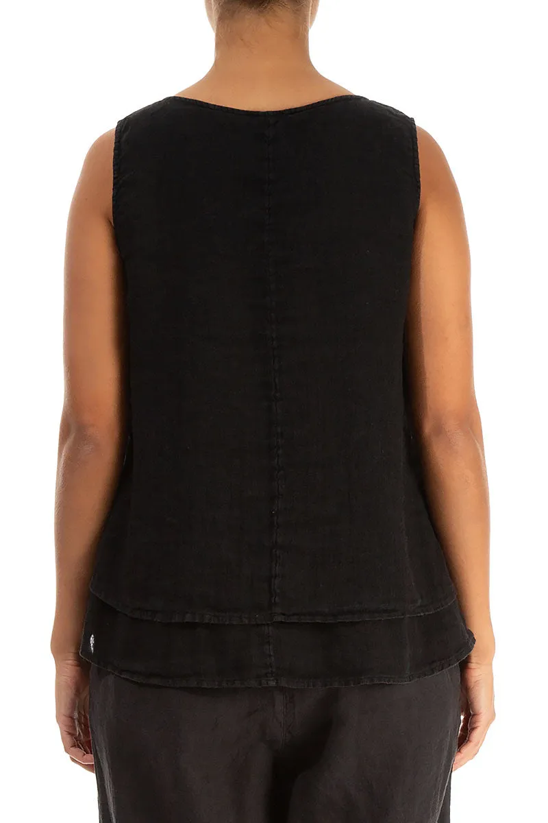 Layered Sleeveless Black Gauze Linen Top