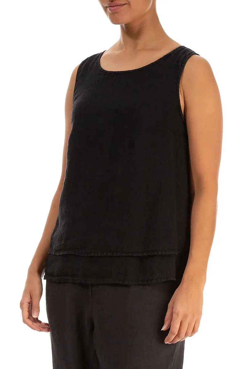 Layered Sleeveless Black Gauze Linen Top