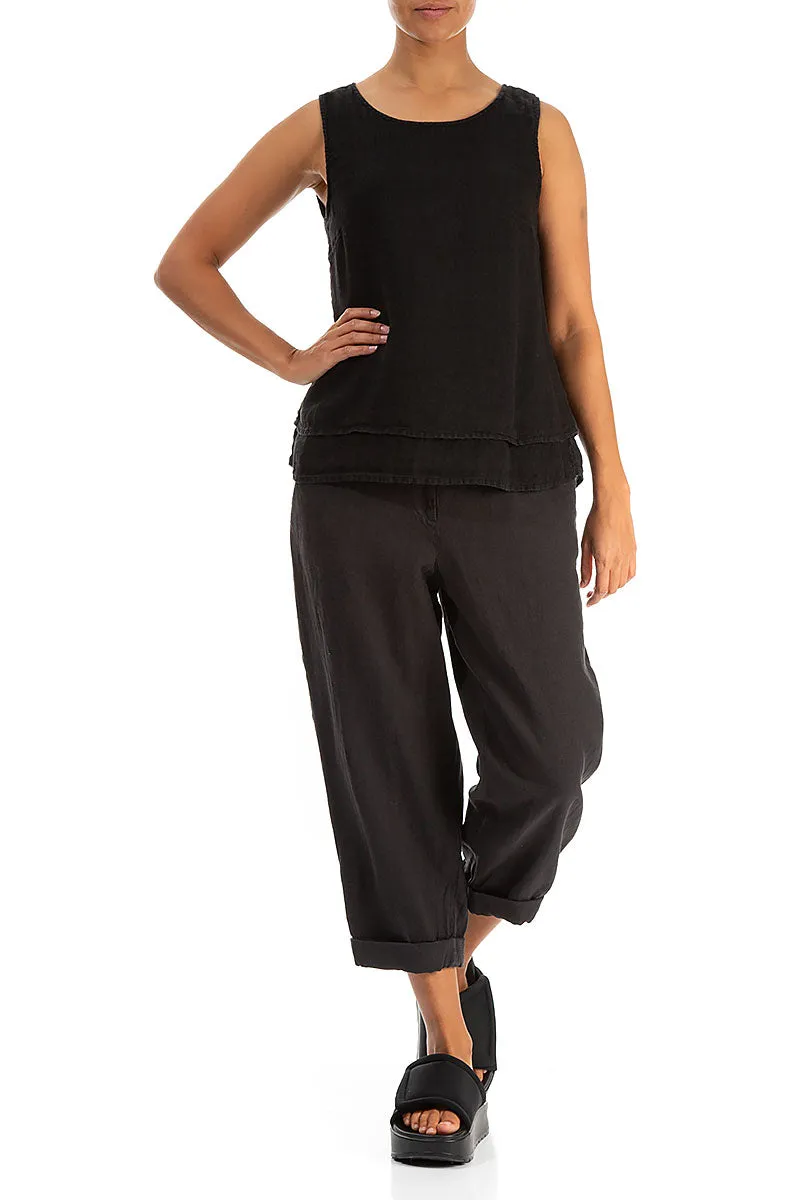 Layered Sleeveless Black Gauze Linen Top