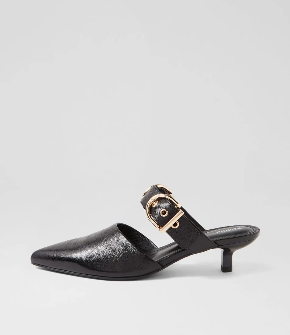 MOLLINI Cascara Black Crinkle Leather Mules