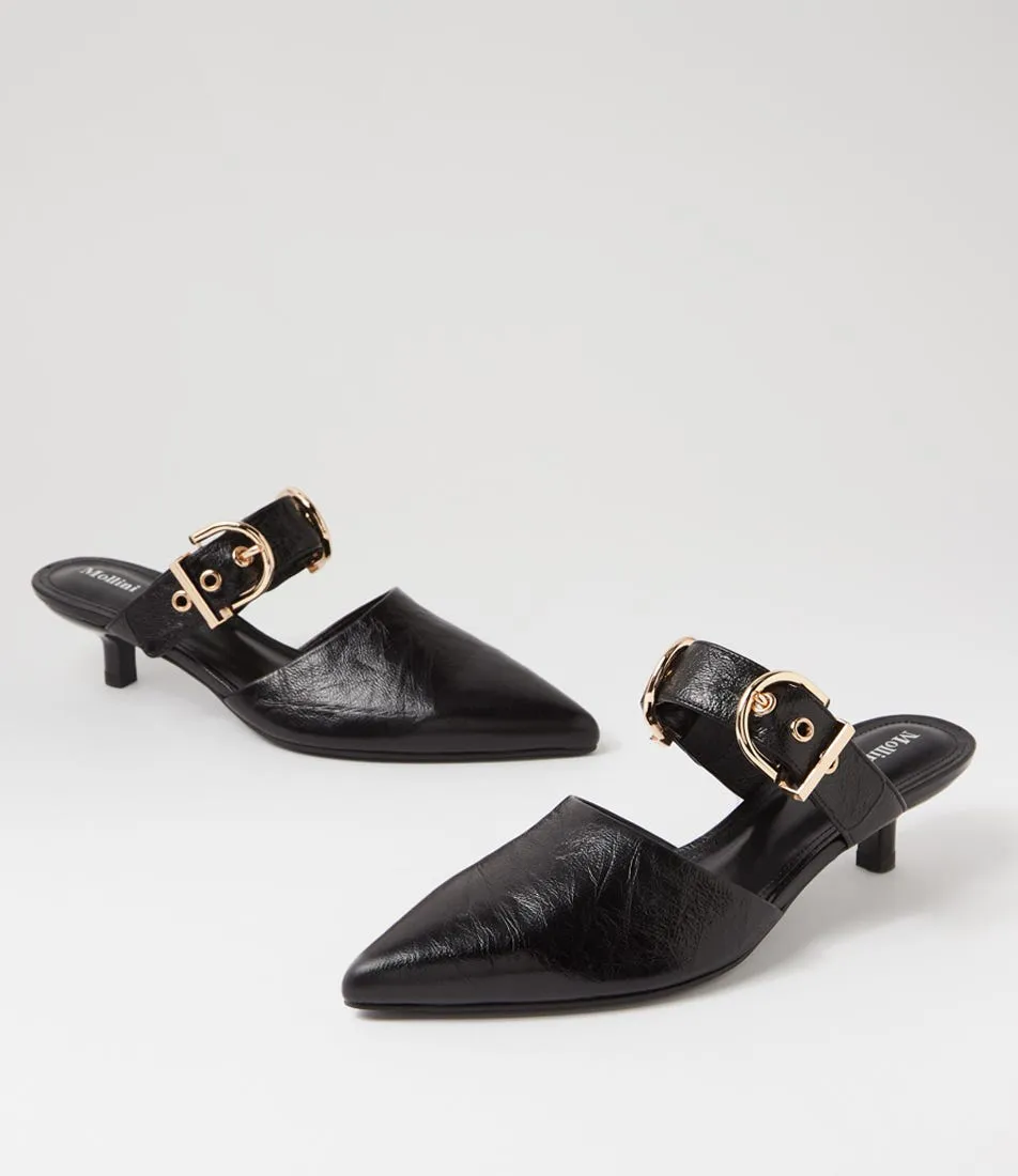 MOLLINI Cascara Black Crinkle Leather Mules