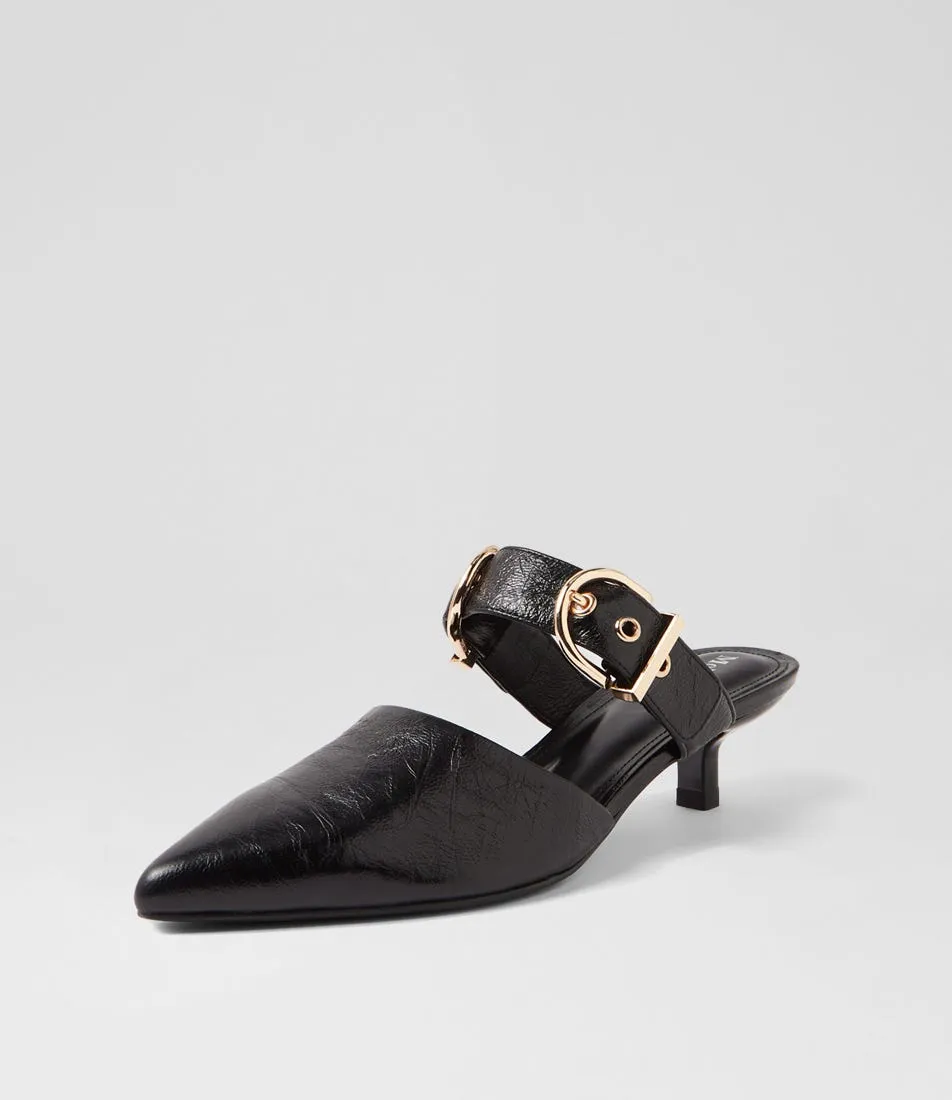 MOLLINI Cascara Black Crinkle Leather Mules