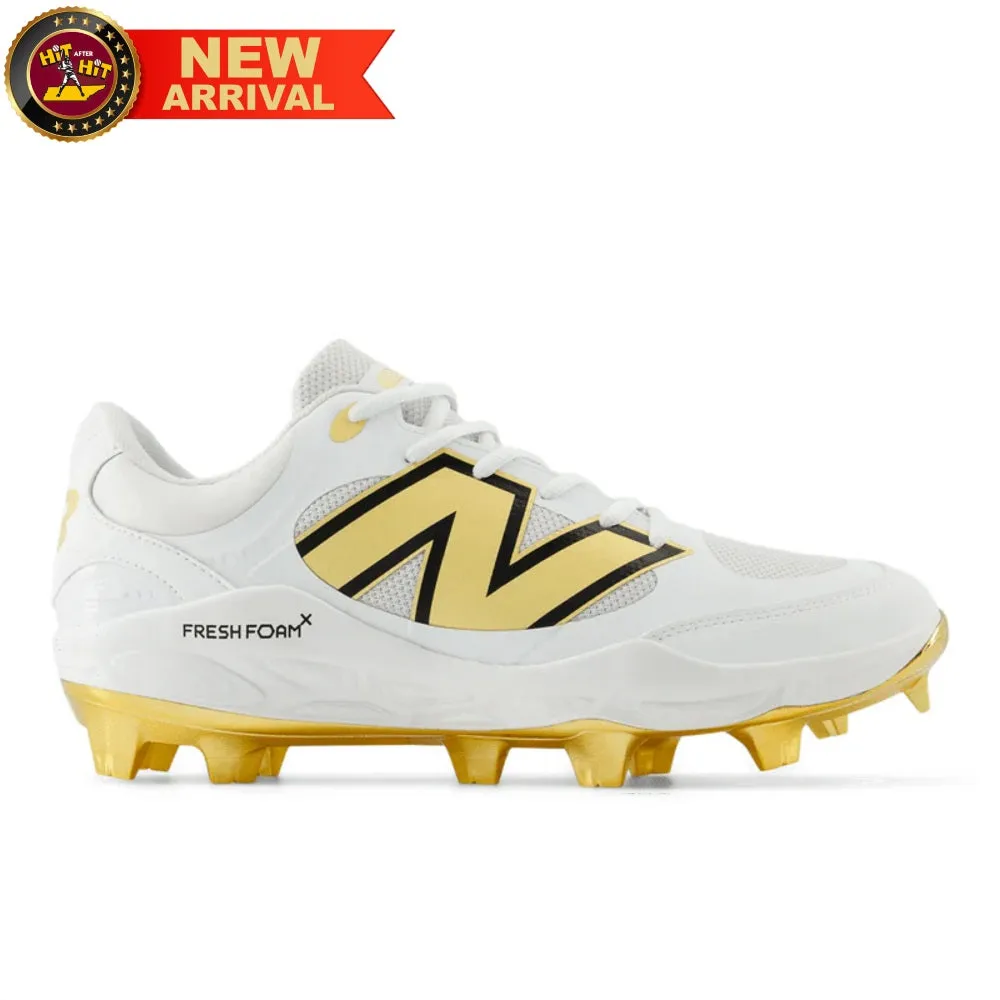 New Balance PL3000L7 Molded Cleats: White and Metallic Gold