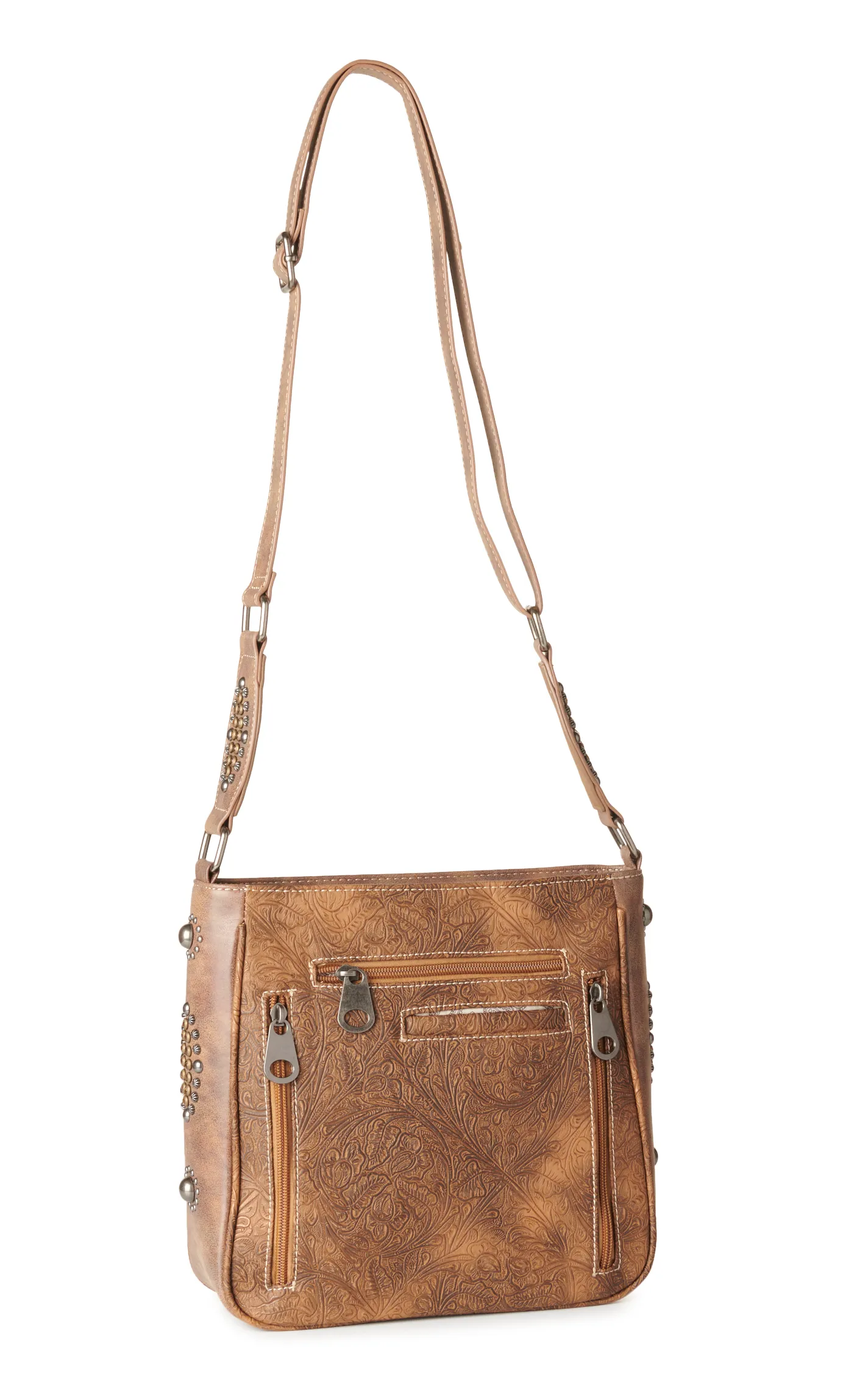 Nocona Ophelia Shades of Coffee Tooled Floral Studded Accents Crossbody Bag