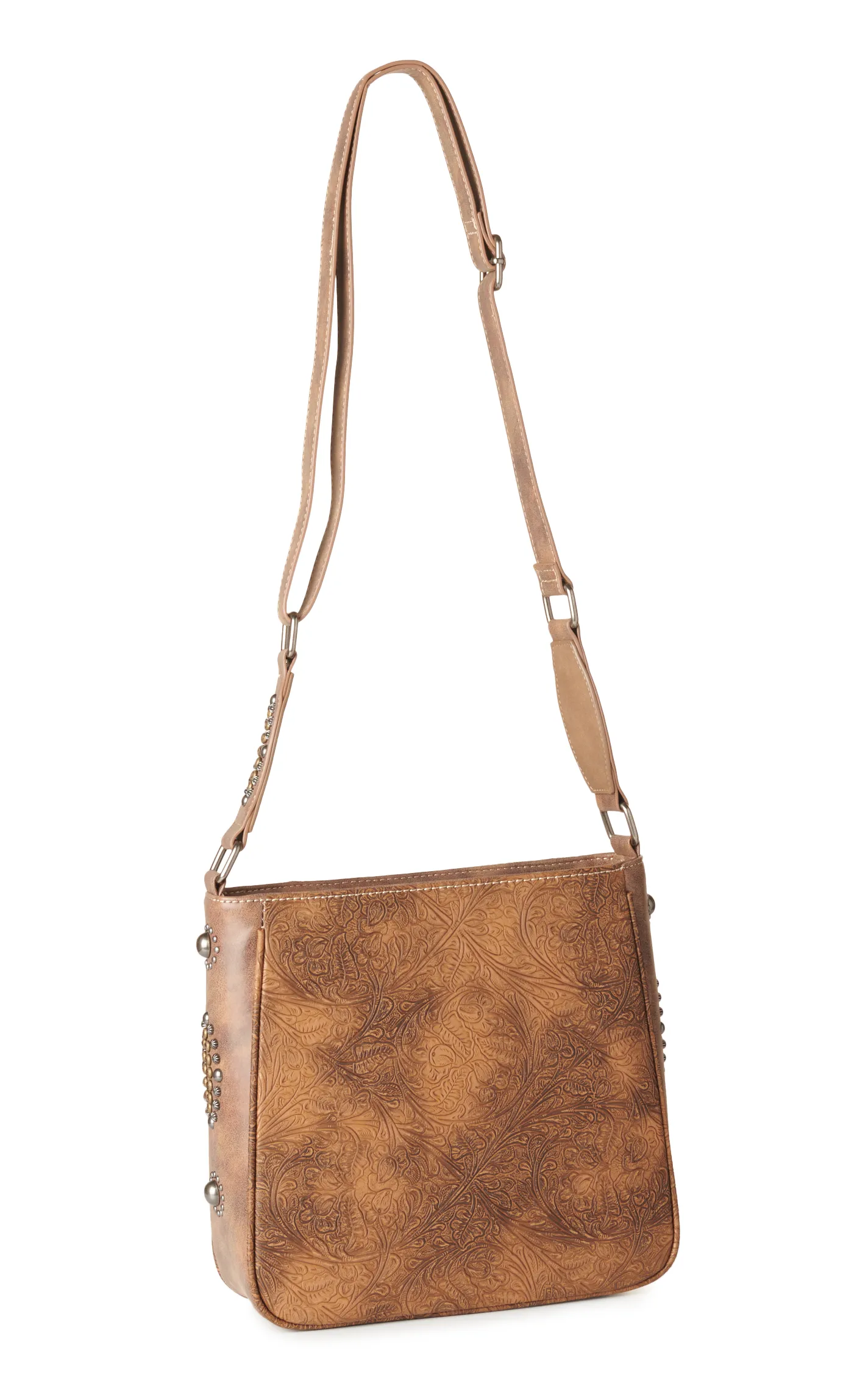 Nocona Ophelia Shades of Coffee Tooled Floral Studded Accents Crossbody Bag