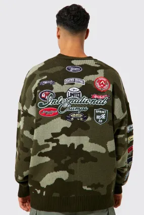 Oversized Camo Knitted Moto Badge Cardigan