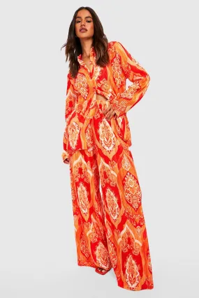 Paisley Print Plisse Wide Leg Pants