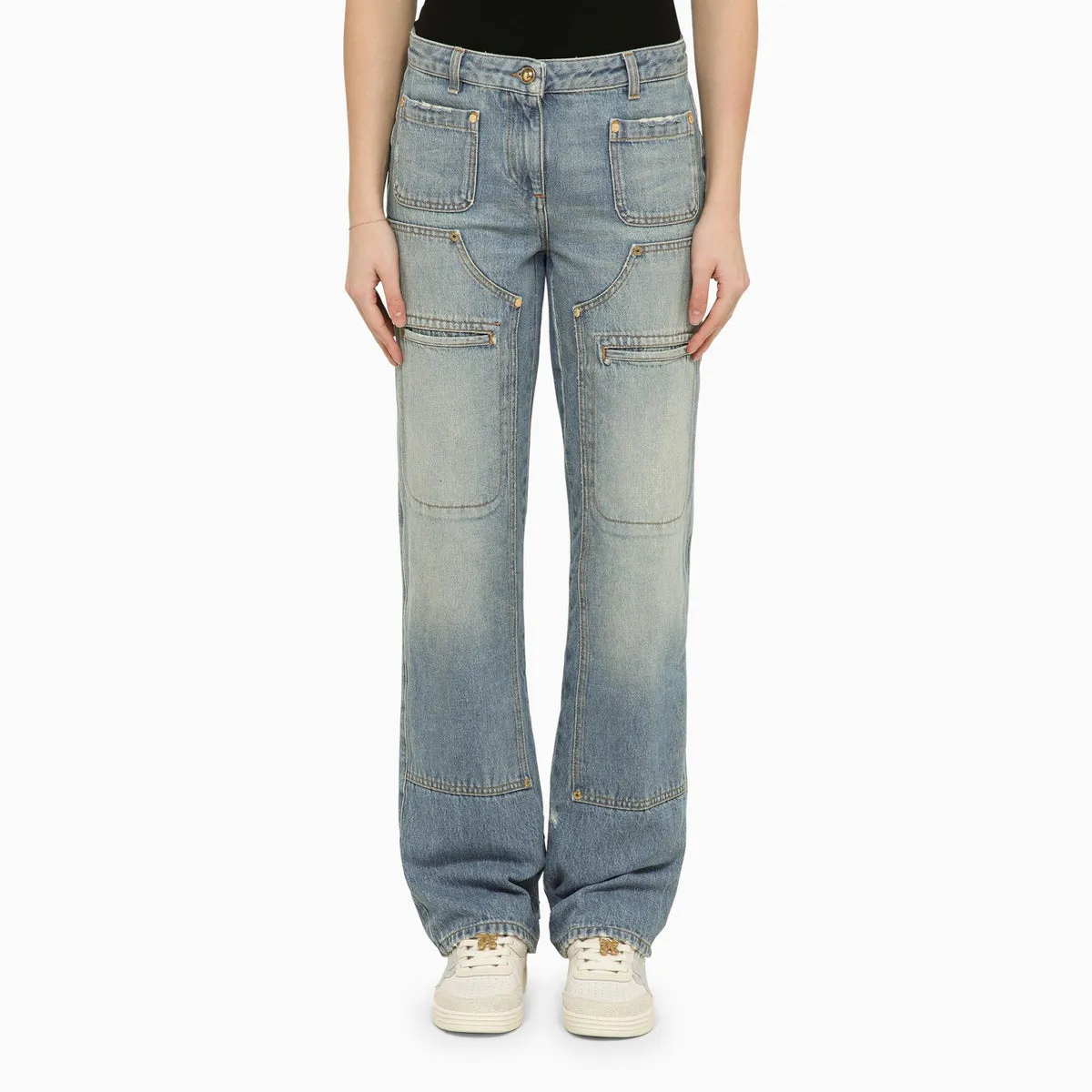 Palm Angels    Palm Angels Blue Washed Effect Multi Pocket Jeans In Denim