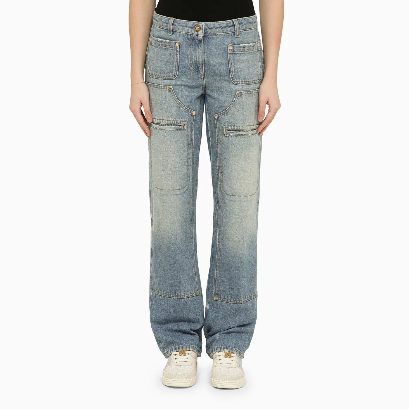 Palm Angels    Palm Angels Blue Washed Effect Multi Pocket Jeans In Denim