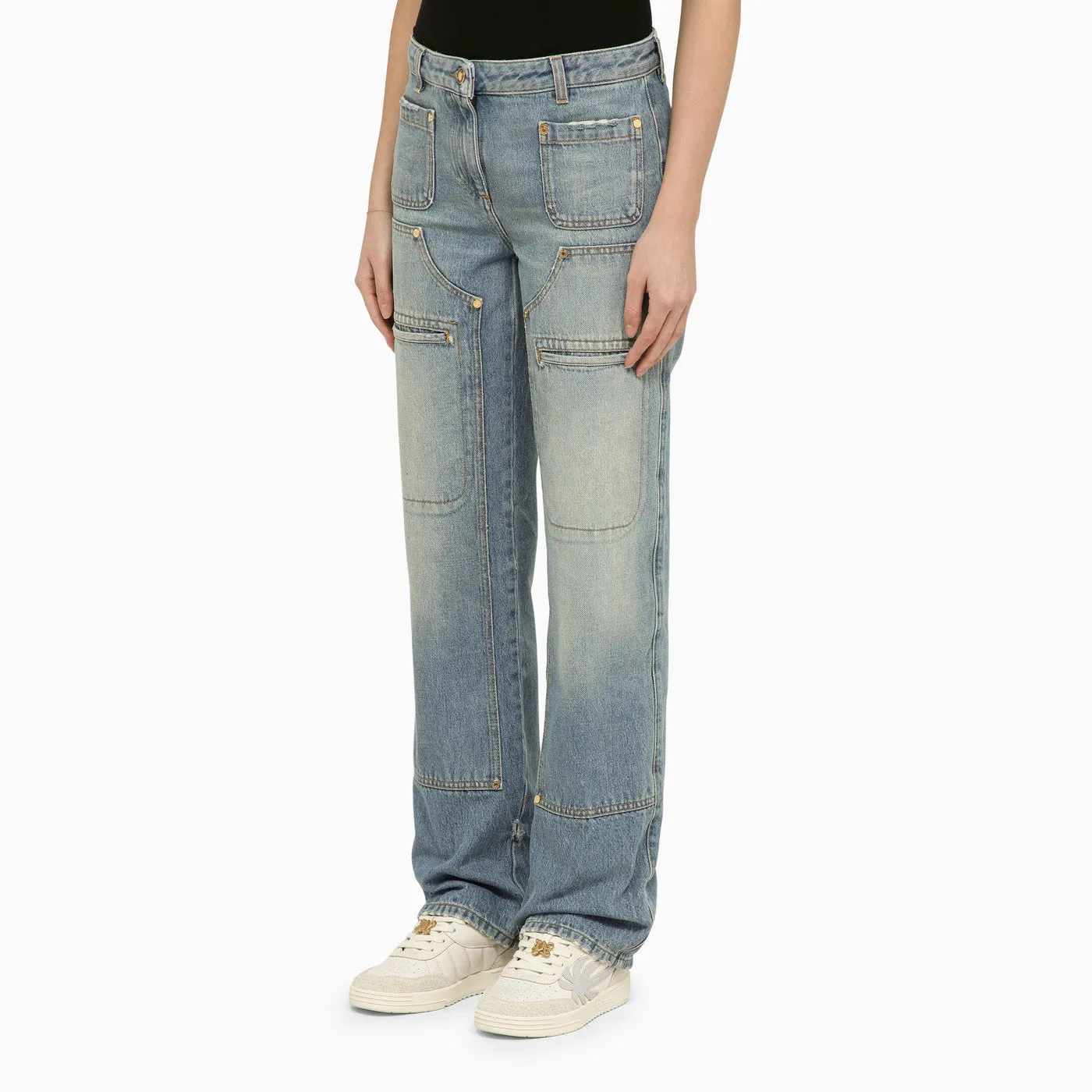 Palm Angels    Palm Angels Blue Washed Effect Multi Pocket Jeans In Denim